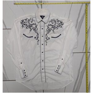 Western Express in white black - Vintage -  black pearl snaps - size Large